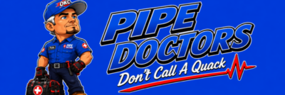 Pipe Doctors plumbing services logo featuring our mascot Pete and his tool bag, serving Oklahoma City.
