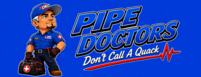 Pipe Doctors plumbing services logo featuring our mascot Pete and his tool bag, serving Oklahoma City.