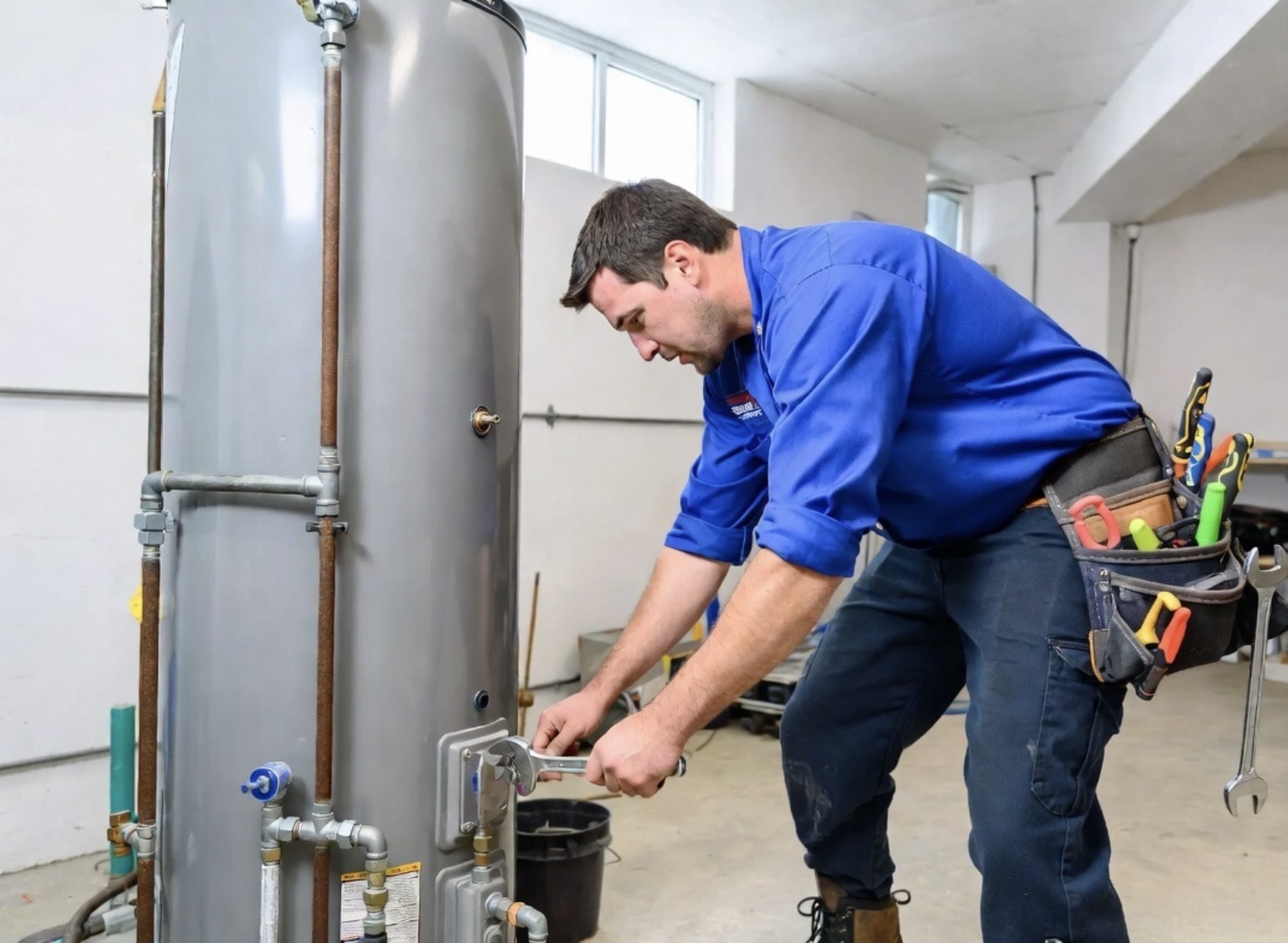 Licensed plumber repairing a residential water heater tank in Oklahoma City.